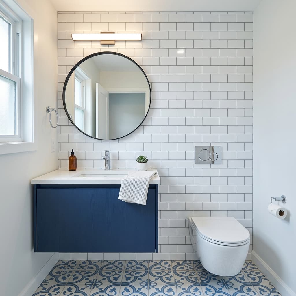 Renovated bathroom with modern white and blue design