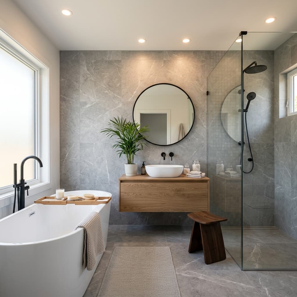 Modern bathroom with marble tiles and freestanding bathtub