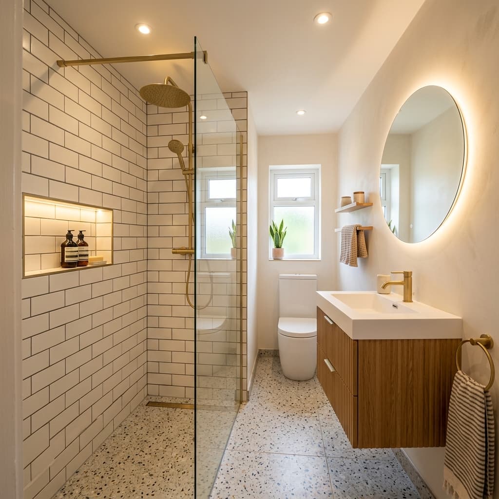 Renovated small bathroom with walk-in shower and terrazzo floor
