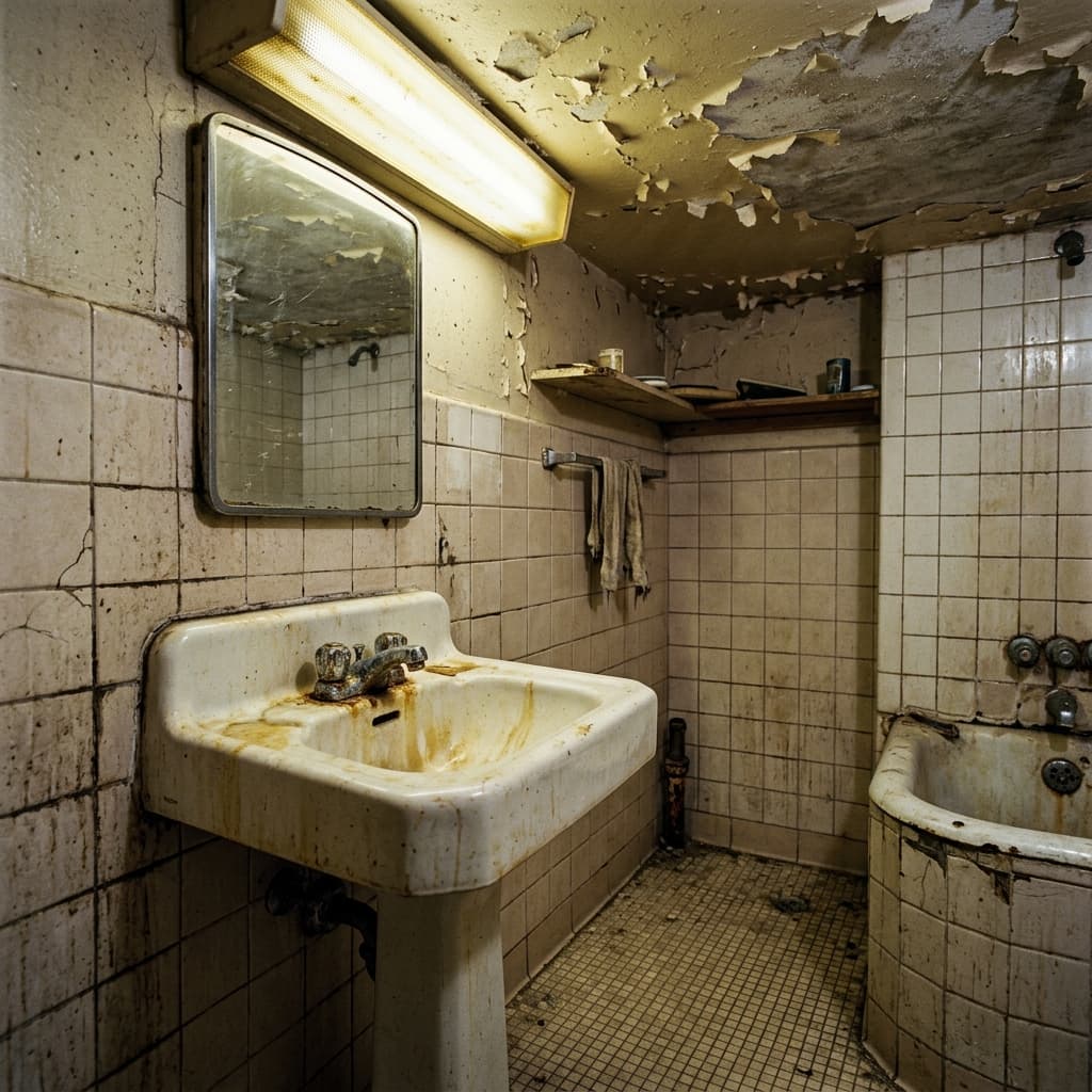 Dated bathroom before renovation with worn fixtures
