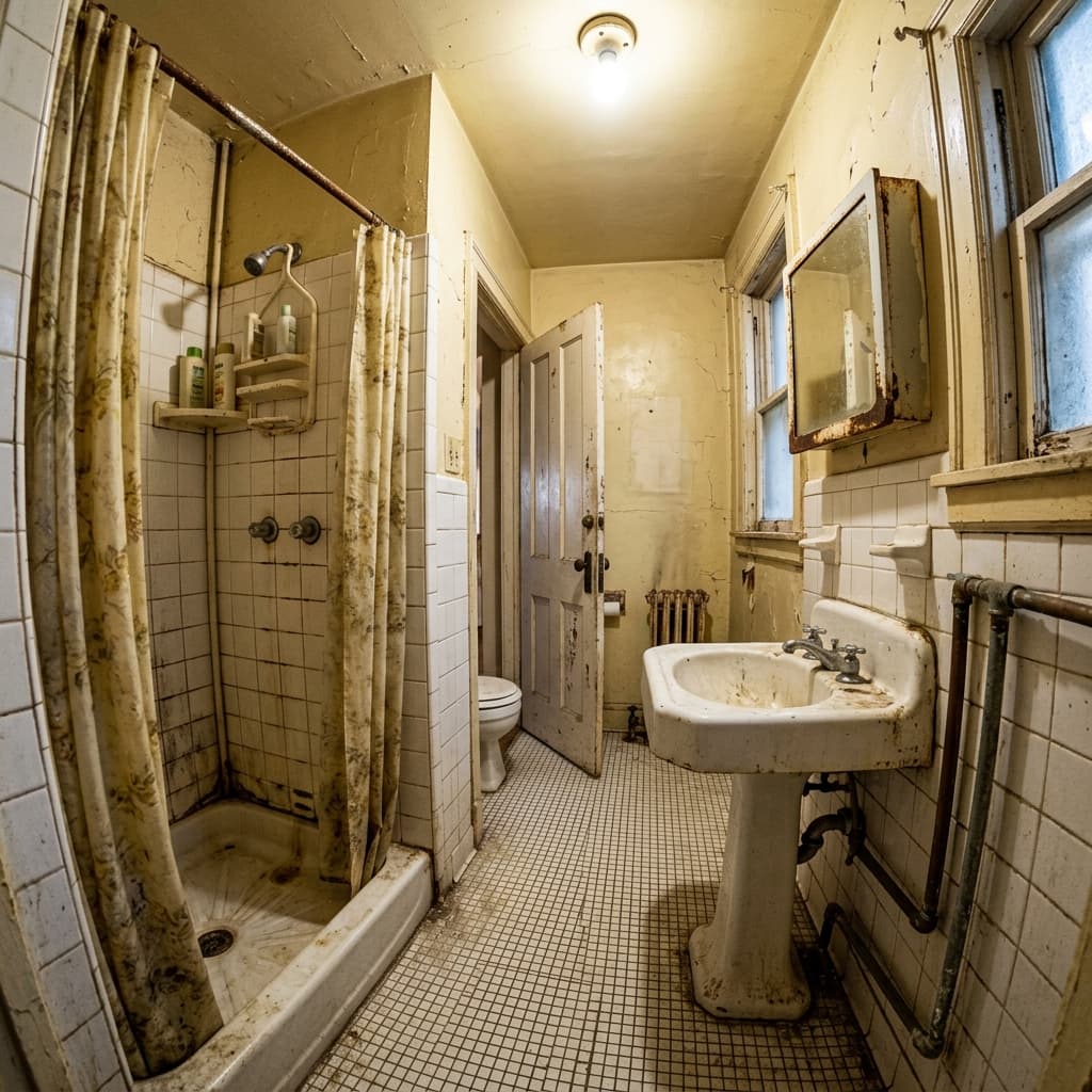 Cramped bathroom with mildewed shower and exposed plumbing