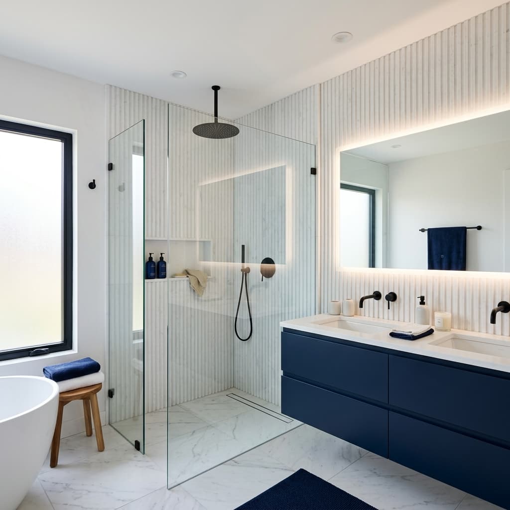 Luxury bathroom renovation featuring fluted stone panels, rainfall shower, and matte black fixtures