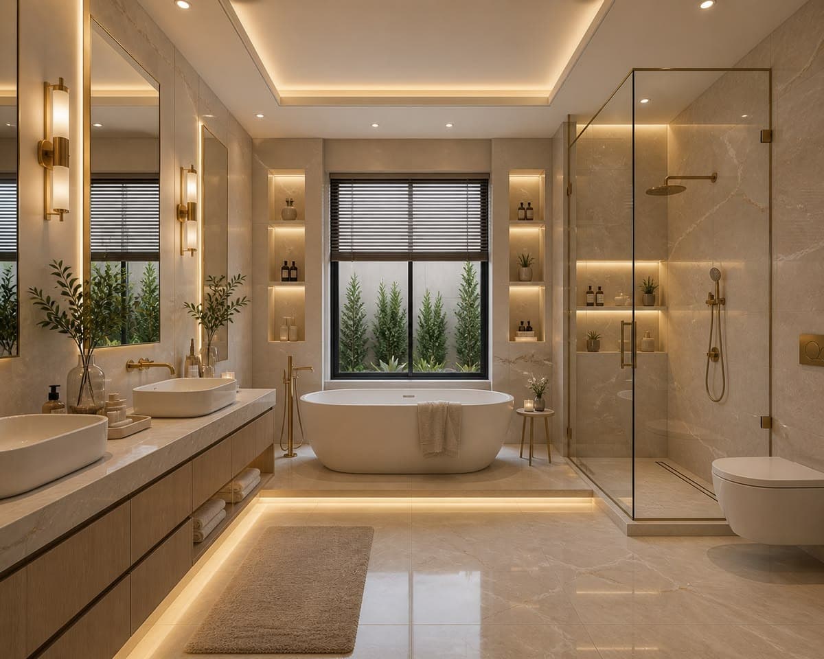 Luxury bathroom renovation featuring fluted stone panels, rainfall shower, and matte black fixtures