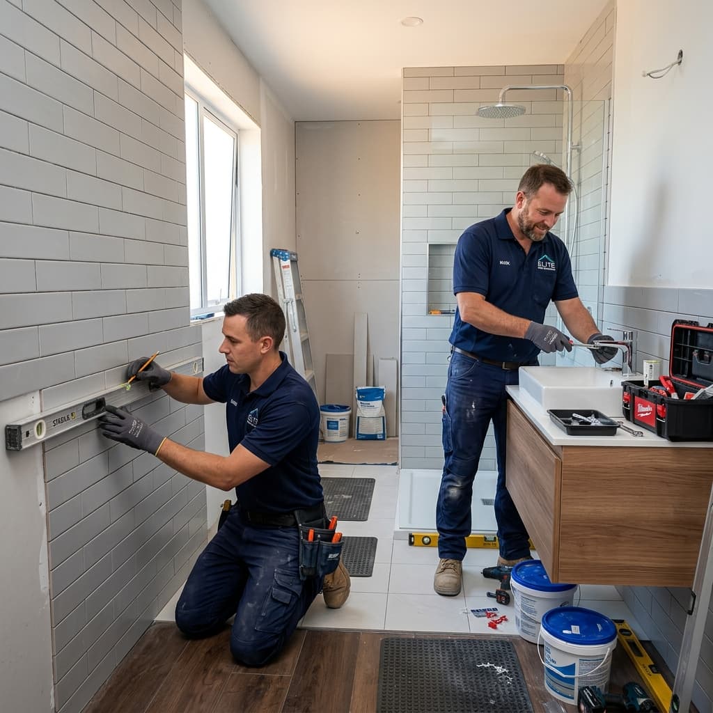 Professionals measuring tiles and installing fixtures